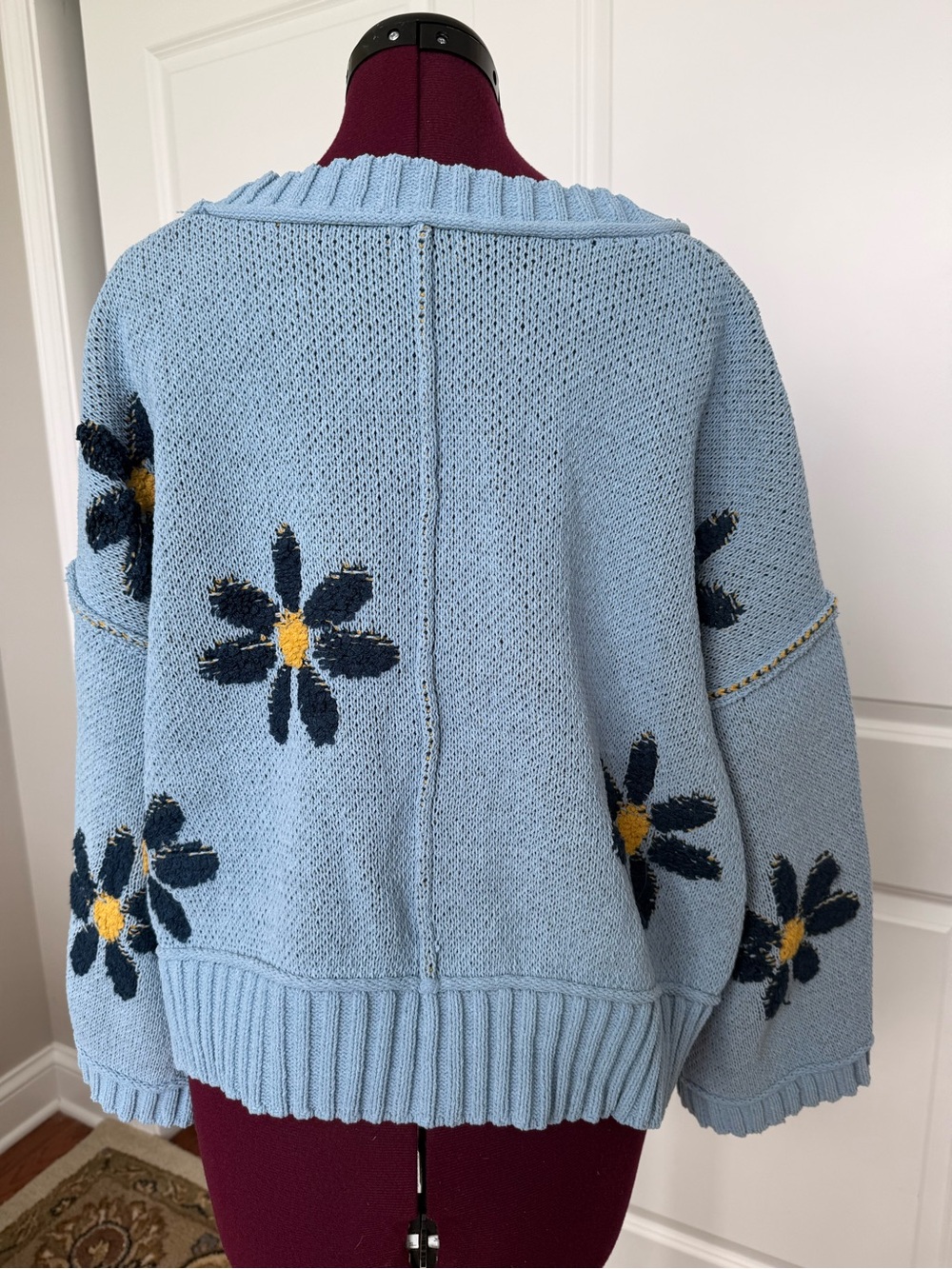 POL Oversized Light Blue Daisy Floral Knit Cardigan Sweater Small UST122 - Picture 3 of 10